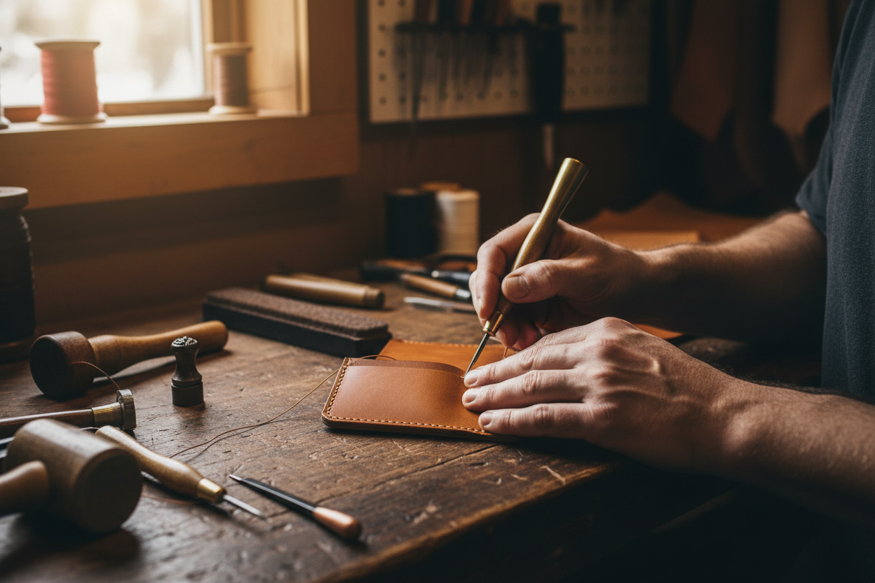 Craftsman hands working leather